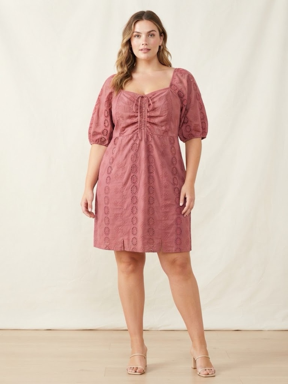 SHYANNE Square Neck Puff Sleeve Eyelet Dress in Dusty Dark Rose size L